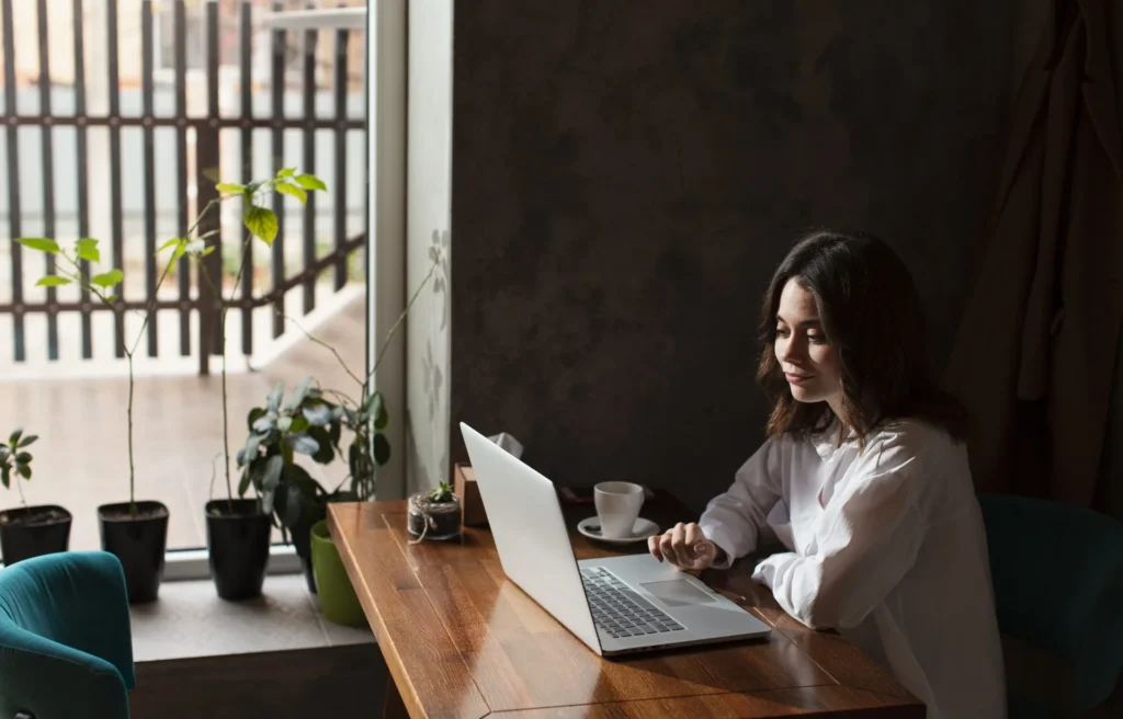 woman coffee shop working laptop Custom