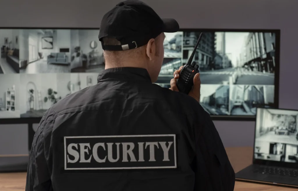 portrait male security guard with radio station camera screens Custom