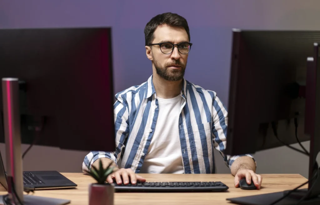 serious handsome designer editor working freelance project looking computer monitor Custom