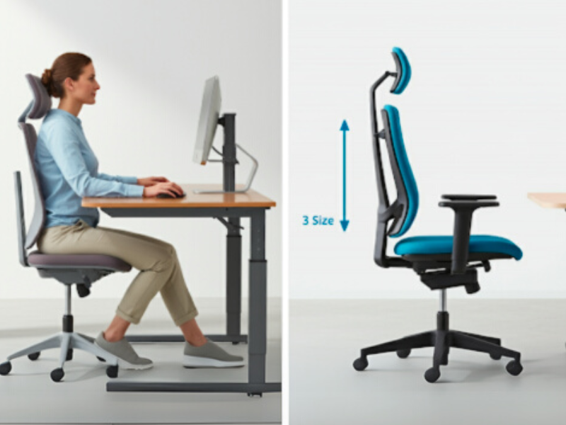 Ergonomic workspace setup with highlighted chair adjustments