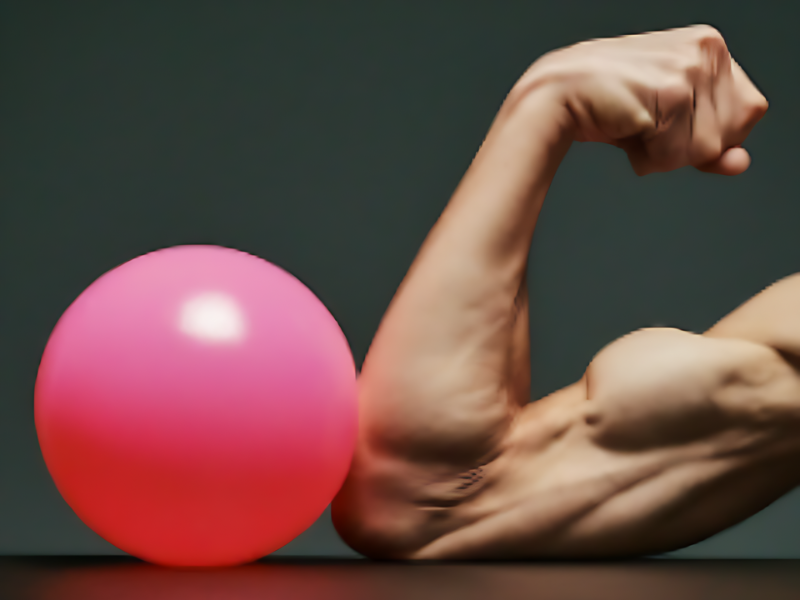 Image of a strong arm flexing its bicep beside a delicate pink balloon on a dark background, representing the balance of power and adaptability needed for workplace antifragility.