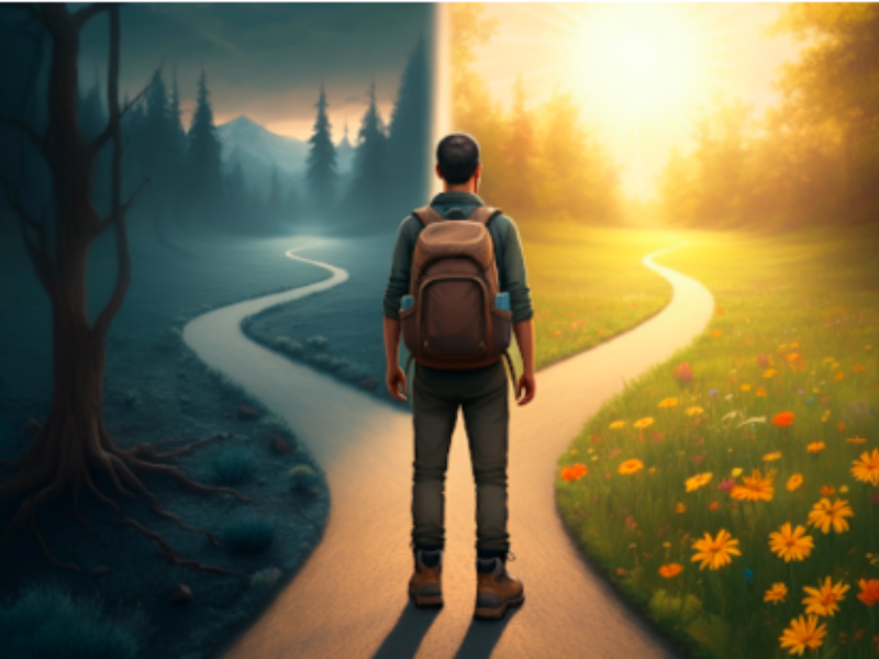 A lone hiker stands at a fork in two paths in a vibrant, sunlit landscape, symbolizing a pivotal decision point and the journey ahead