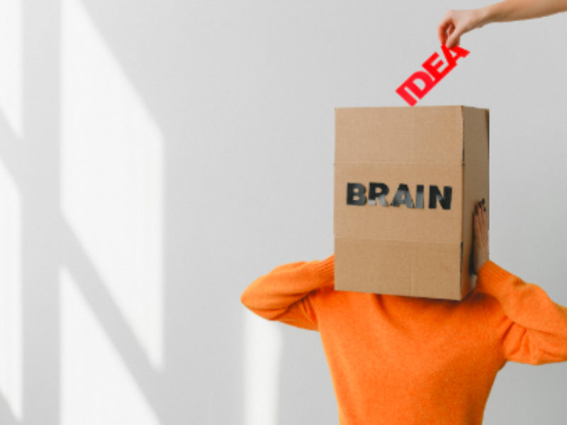 Conceptual image of a person with a cardboard box labeled "BRAIN" on their head, with a hand inserting a card labeled "IDEA".Creative thinking concept.
