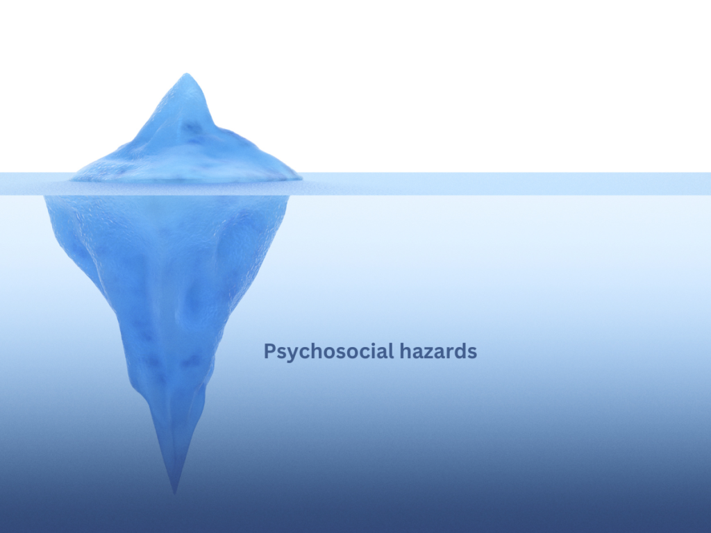 A classic image of an iceberg, with the tip representing the visible signs of stress (missed deadlines, etc.) and the much larger underwater portion representing the hidden psychosocial hazards