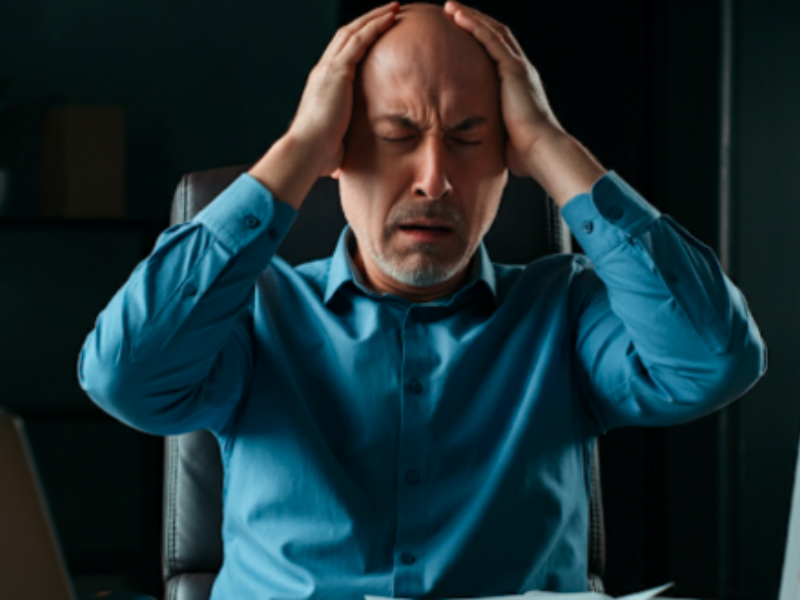 man holds his head in his hands, appearing stressed and overwhelmed at work.