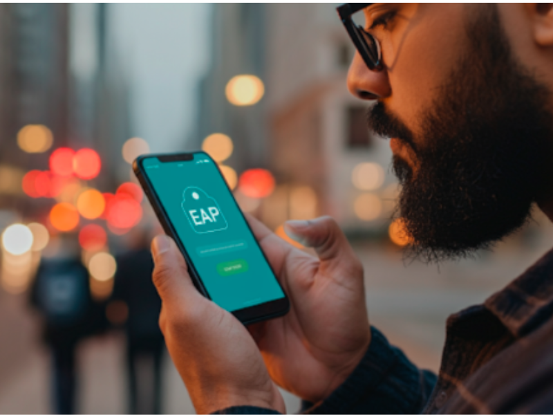 A person holds a smartphone displaying the EAP (Employee Assistance Program) app with a chat interface.