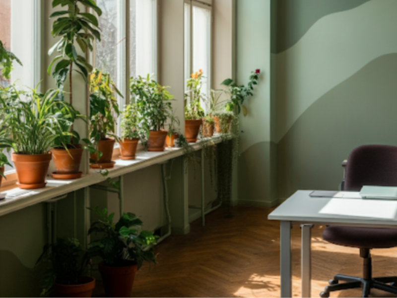 Row of potted plants on a window sill in an office
