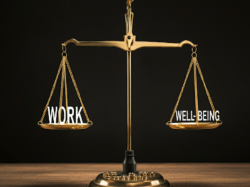 A classic golden scale with the word "WORK" on one pan and "WELL-BEING" on the other, perfectly balanced, illustrating the concept of a healthy work-life balance.