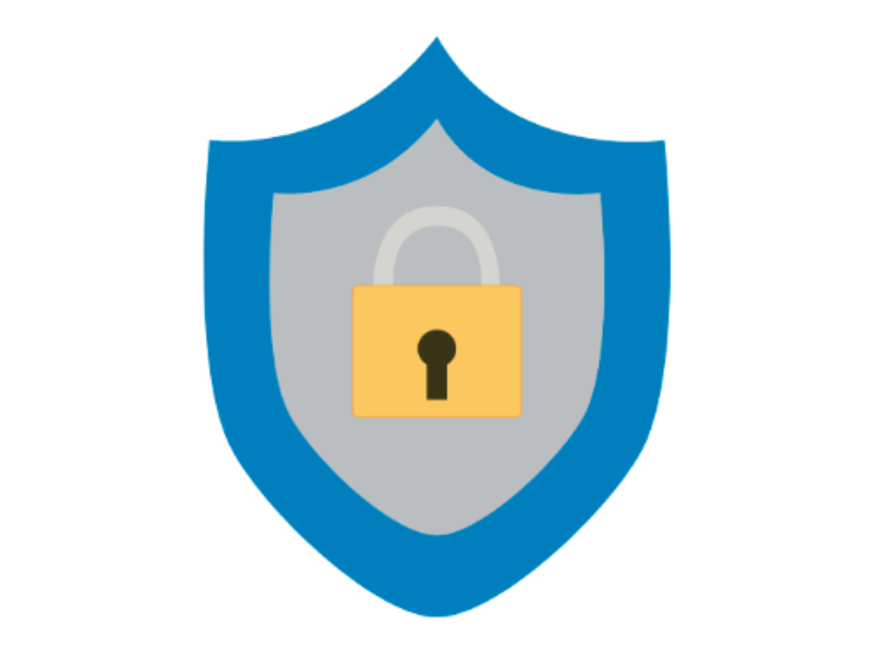 A blue shield-shaped icon containing a yellow padlock with a keyhole, representing security and protection