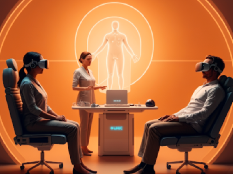 Two people sit facing each other in modern, high-tech chairs with visible mechanisms and a unique design, possibly related to virtual reality or advanced technology.